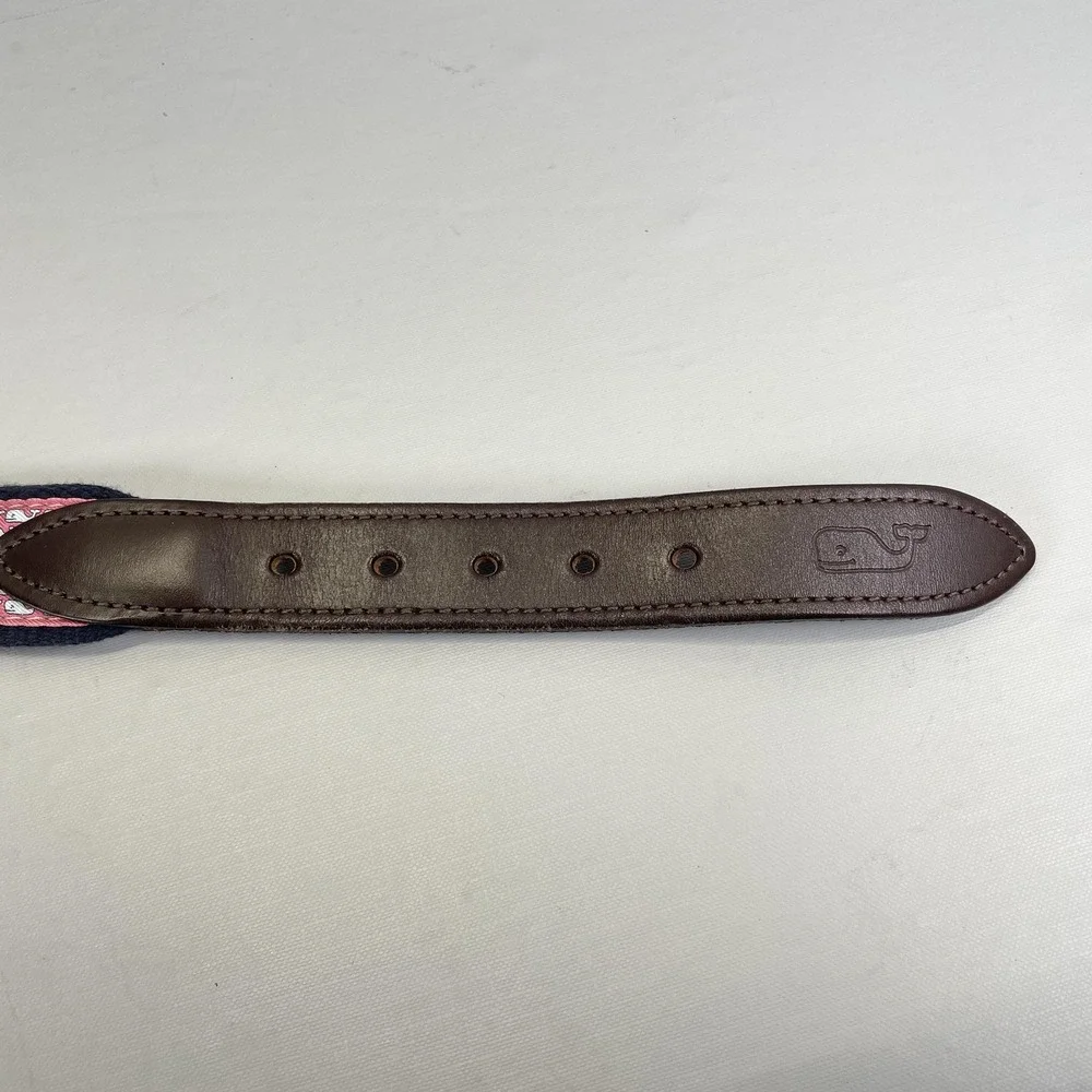 Vineyard Vines Belt Mens 28 Navy Pink White Whale Ribbon Solid Brass Buckle -USA